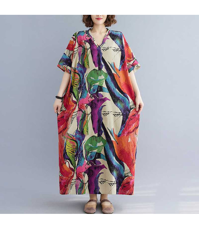 Cotton And Linen Printed Loose Plus Size Simple Vacation Style Long Dress For Women