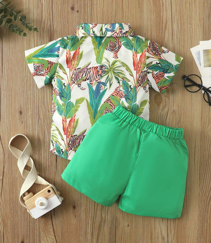 Beach Multi-color Printed Shirt Boys' Shorts Two-piece Set