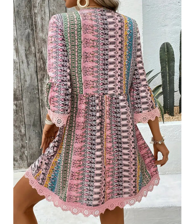 Bohemian Style V-neck Printed Dress Fashion Casual Loose Beach Dresses For Women