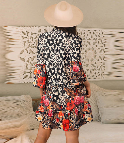 European And American Retro Flower Printed V-neck Dress Women