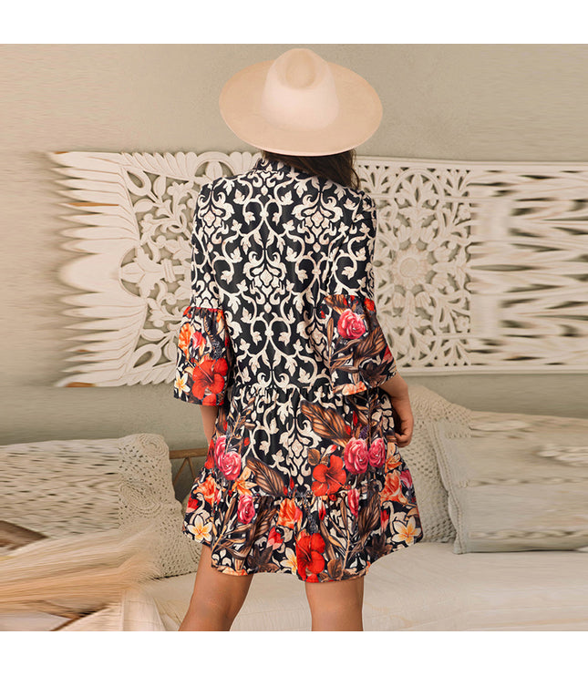 European And American Retro Flower Printed V-neck Dress Women