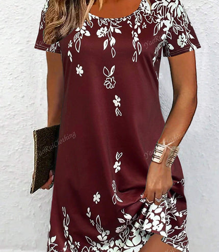 Women's Casual Round Neck Short Sleeve Vintage Versatile Mini Dress For Summer Vacation