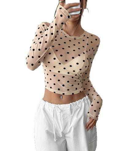 Design Sense See-through Dot Slim Mesh Round Neck Long Sleeve T-shirt