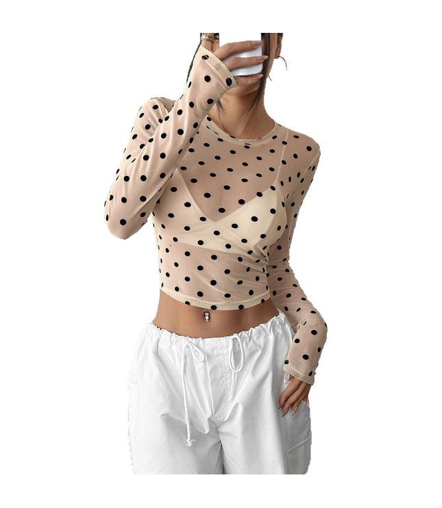 Design Sense See-through Dot Slim Mesh Round Neck Long Sleeve T-shirt