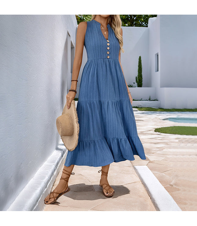 Pleated Solid Color Stand Collar Sleeveless Dress
