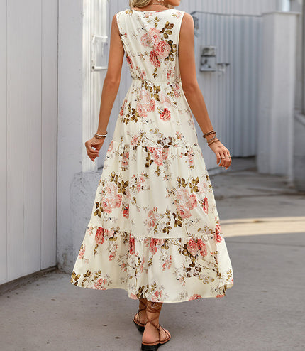 European And American Printed Dress V-neck Lace Stitching Dress