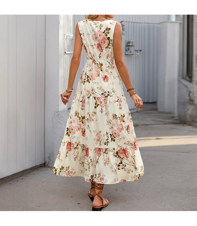 European And American Printed Dress V-neck Lace Stitching Dress