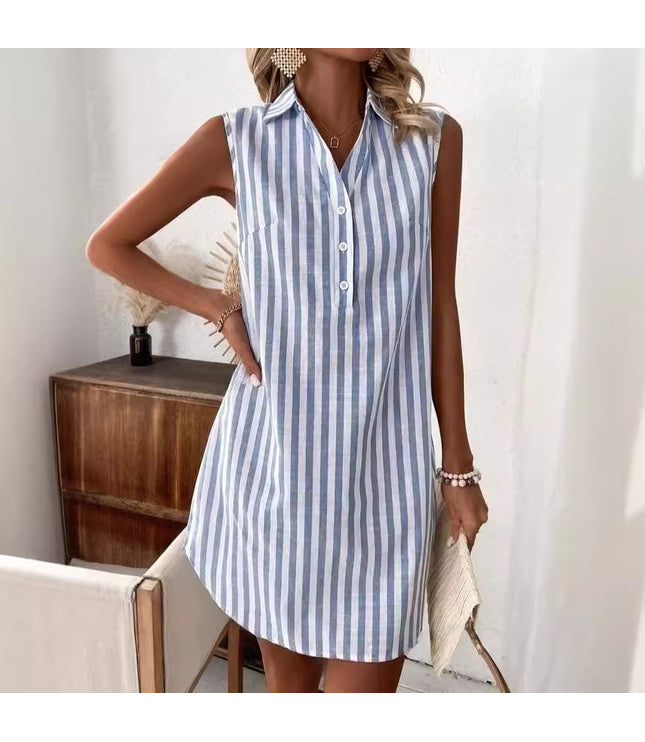 Loose Sleeveless V-neck Buttons Striped Shirt Dress