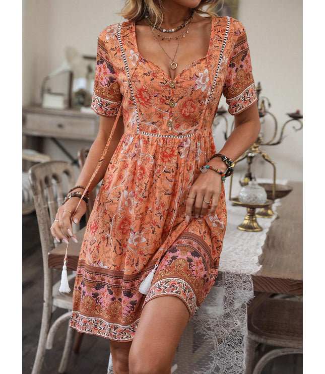 EMERY ROSE Floral Print Tassel Tie Neck Dress