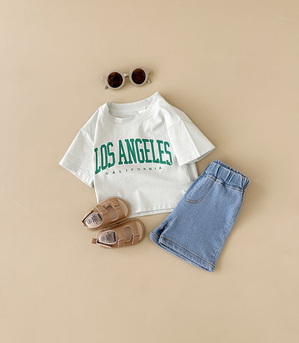 Summer Baby Letter Print Short-sleeve Top Denim Shorts Suit