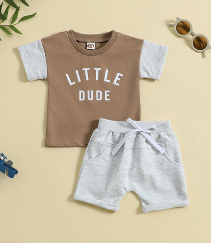 Children's Round Neck Letter Print Top Solid Color Shorts Two-piece Set