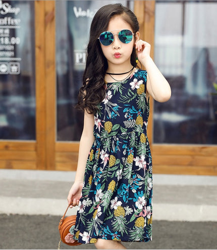 Summer version of the big children's cotton silk dress girl floral dress skirt skirt children's beach skirt