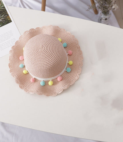 Small Ball Solid Color Children Straw Hat Bag Set
