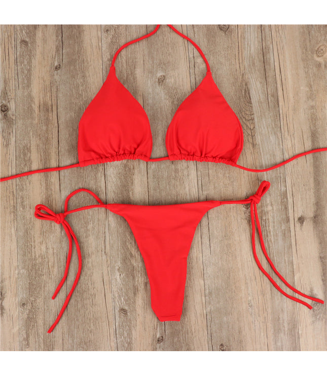 2pcs Halterneck Lace-up Bikini Women Summer Solid Color Sexy Split Strap Adjustable Swimsuit Suit