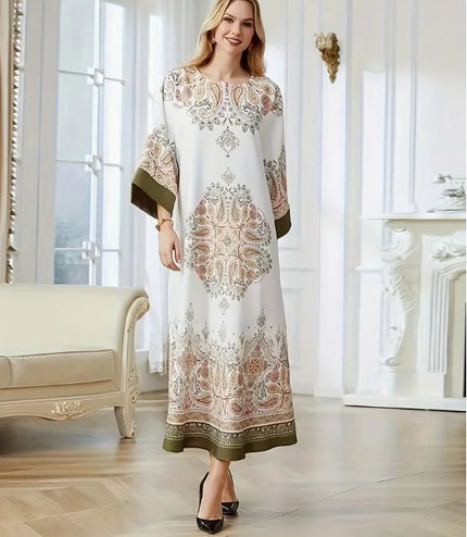 Elegant Floral Print Long Sleeve Abaya Dress