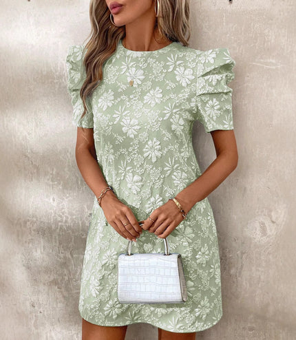 European And American Ladies Puff Sleeve Texture Jacquard Round Neck Retro Style Dress