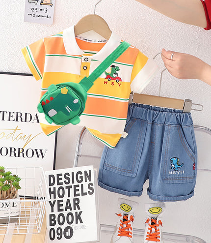 Boys' Polo Collar Stripes Short-sleeved Shorts Suit