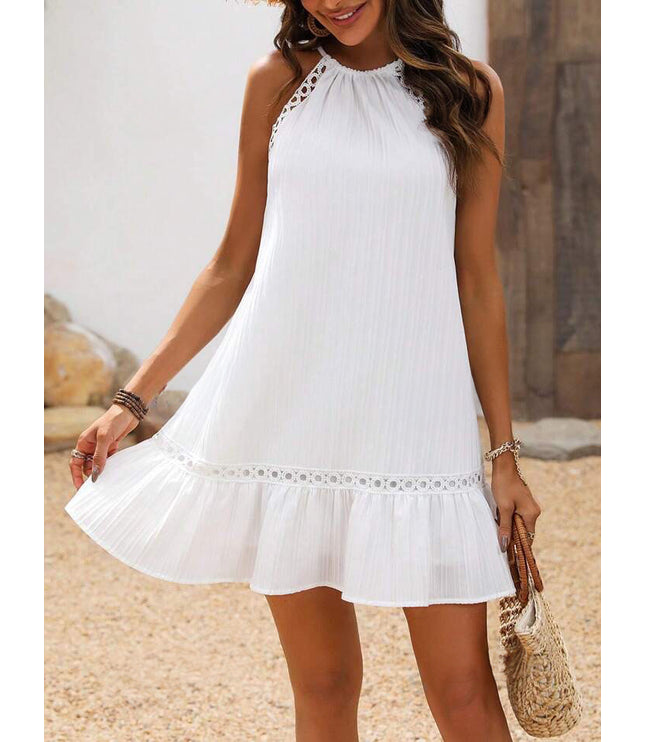 European And American Summer Women's Halter Lace-up Lace Stitching Jacquard Dress