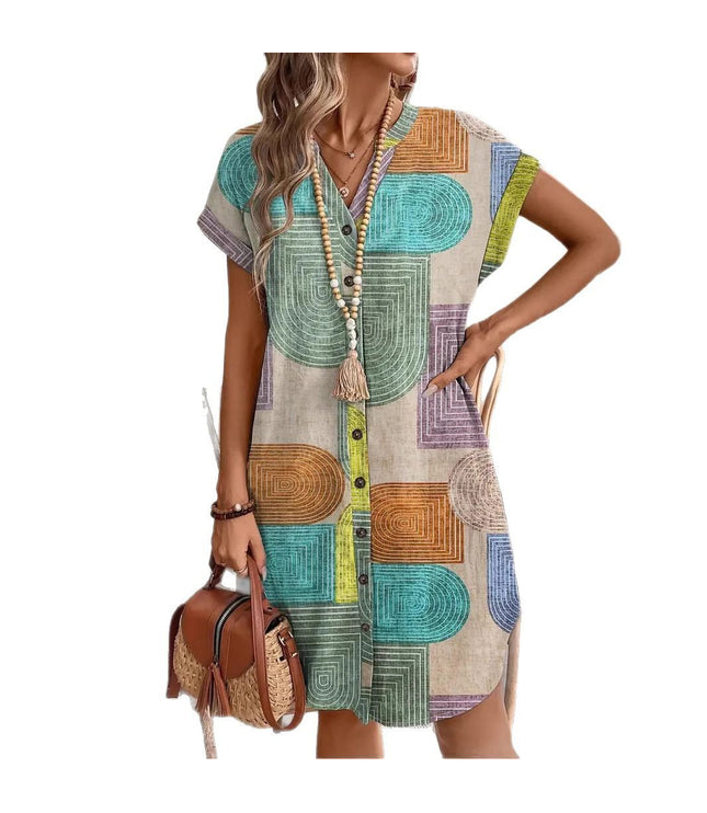 Printed Woven Elegant V-neck Button Dress