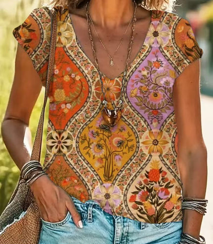 Casual Loose Fashion Digital Printing Multi-color Short Sleeve Women