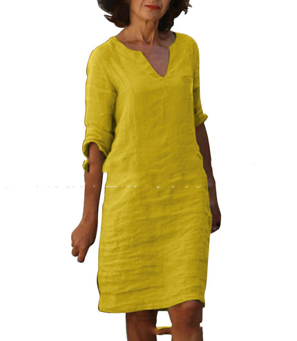 European And American Style With Pockets Spring And Summer Wash Wrinkle Small V-neck Dress