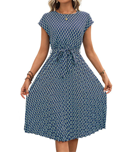 European And American Lace-up Flying Sleeves Printed Round Neck Dress