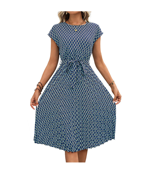 European And American Lace-up Flying Sleeves Printed Round Neck Dress