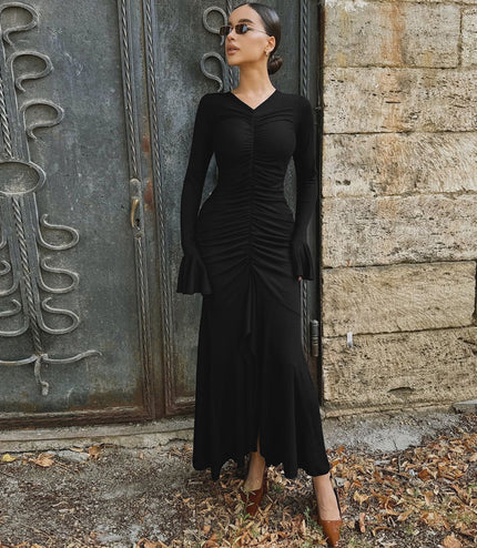 Fashionable Elegant V-neck Pleated Slim-fit Flared Sleeves Dress