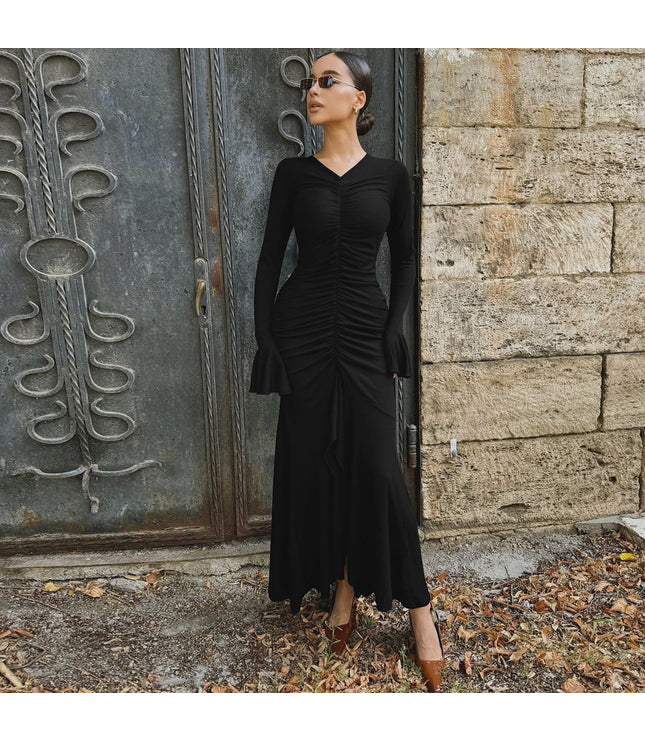 Fashionable Elegant V-neck Pleated Slim-fit Flared Sleeves Dress