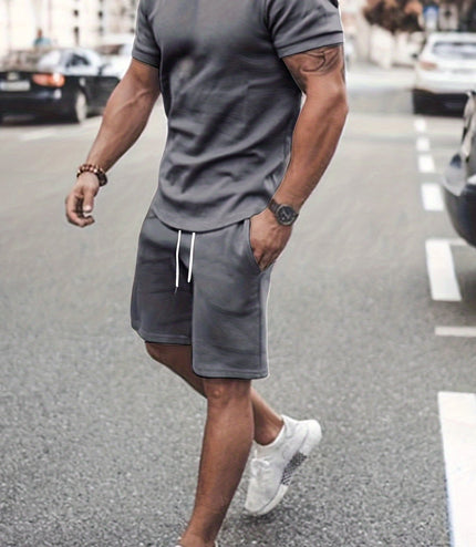 Men's Outfit, Solid Casual Crew Neck Short Sleeve T-Shirt & Drawstring Shorts 2-piece Set For Summer Outdoor Activities