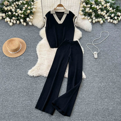 Two-piece Summer Outfit Sleeveless Knitted Top Retro