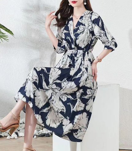 New Waist-controlled Lace-up 34 Sleeve V-neck Printed Skirt
