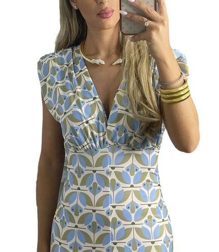 Deep V Split Print Dress Slim Fit