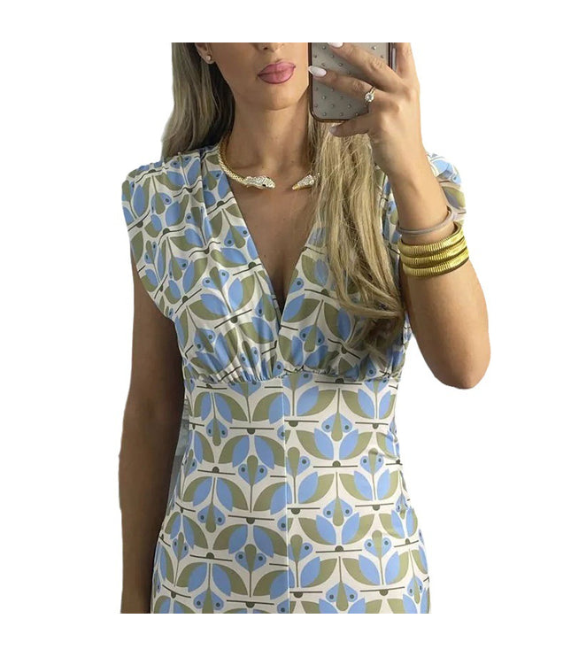Deep V Split Print Dress Slim Fit