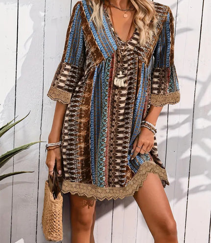 Bohemian Style V-neck Printed Dress Fashion Casual Loose Beach Dresses For Women