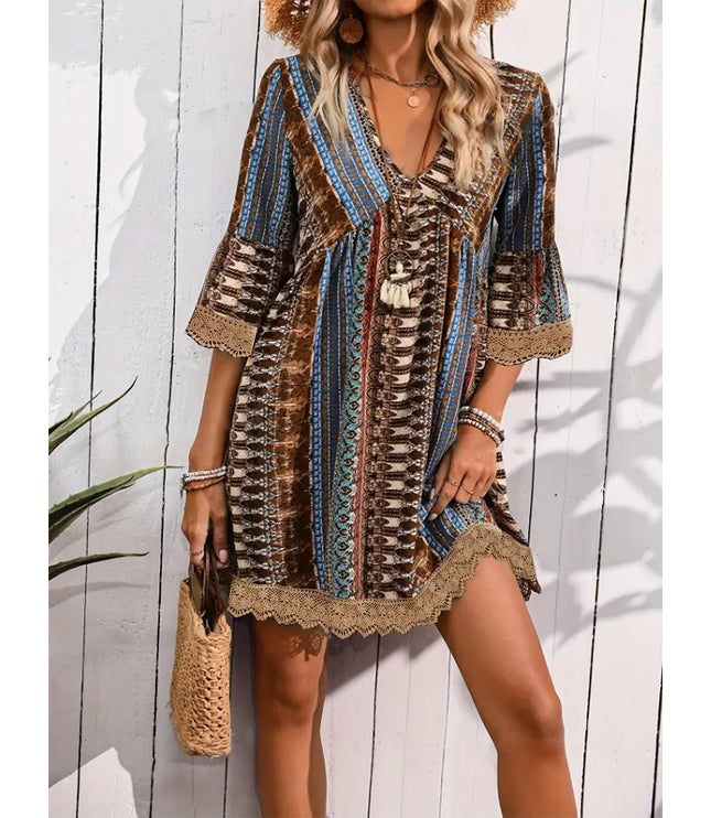 Bohemian Style V-neck Printed Dress Fashion Casual Loose Beach Dresses For Women