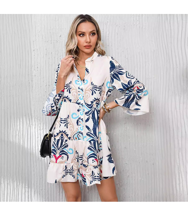 Bell Sleeve Casual Loose Printed Shirt Dress