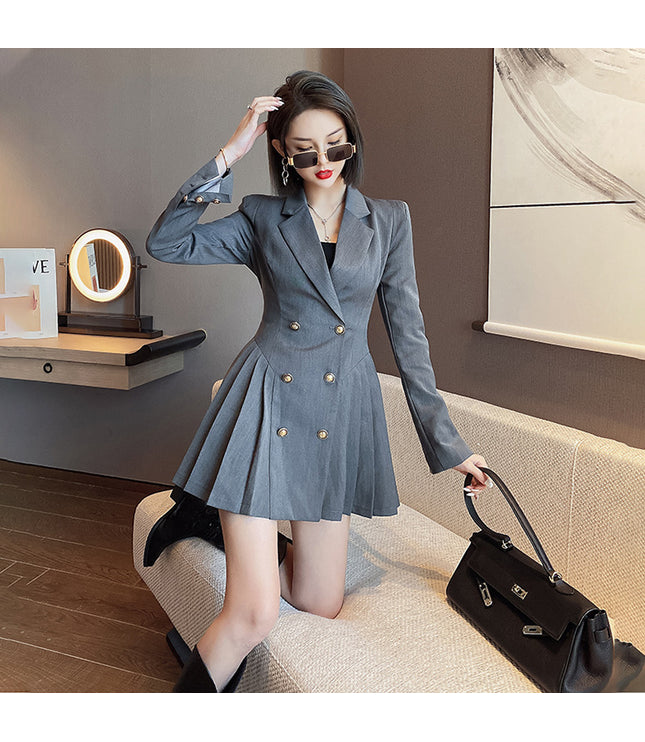 Double Breasted Suit Trendy Anti-aging Slimming Goddess Long Sleeve Pleated Dress