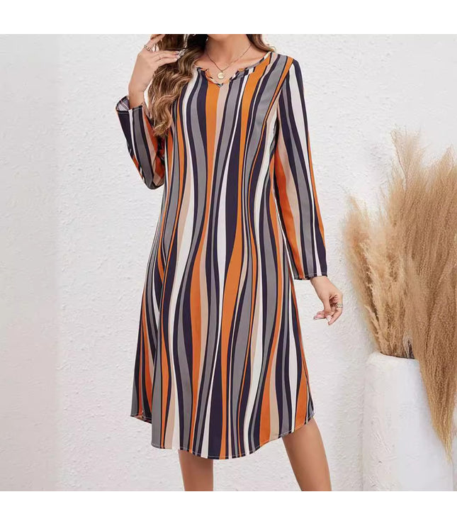 European And American Striped Print Elegant Style Long Sleeve V-neck Dress Women