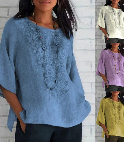 Autumn And Winter Women's Three-quarter Sleeve Loose Casual Print T-shirt Linen Cotton And Linen