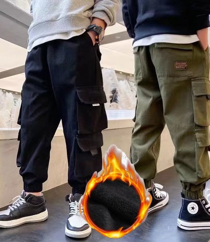 Men's Medium And Large Children's Multi-bag Fleece Ankle-tied Casual Working Pants Tide