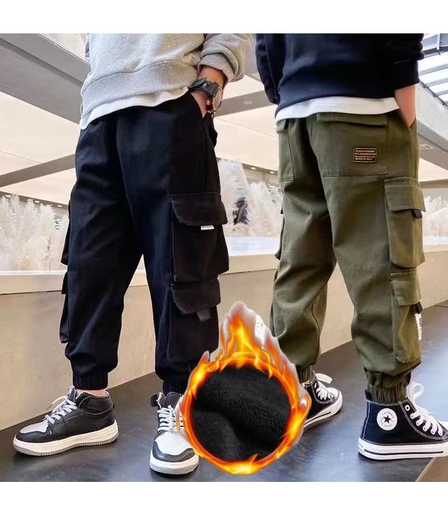 Men's Medium And Large Children's Multi-bag Fleece Ankle-tied Casual Working Pants Tide