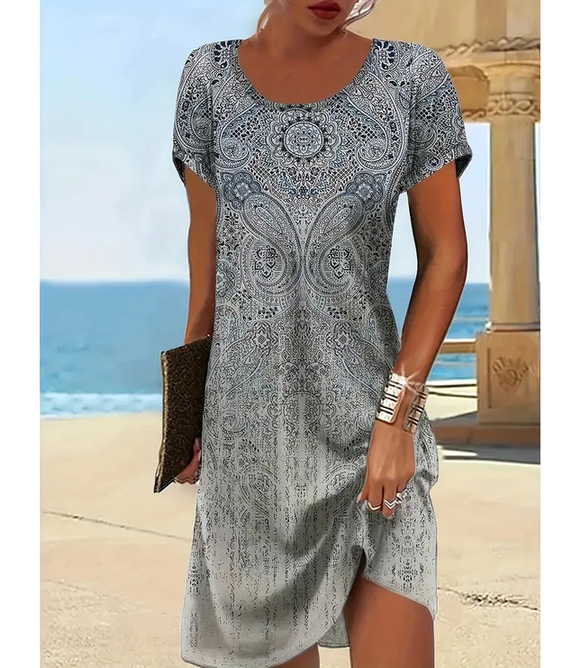Trendy Design Print Colorful Round Neck Dress Women