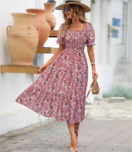 Women's Sleeve Waist Roll Square Collar Dress Woven Digital