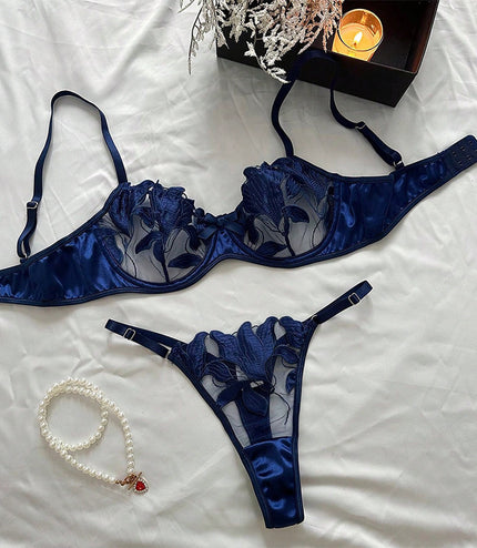 Lace Embroidery Mesh See-through Sexy Lingerie Set