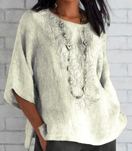 Autumn And Winter Women's Three-quarter Sleeve Loose Casual Print T-shirt Linen Cotton And Linen