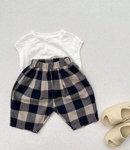 Retro Blue Plaid Casual Capri Pants Children's Middle Pants