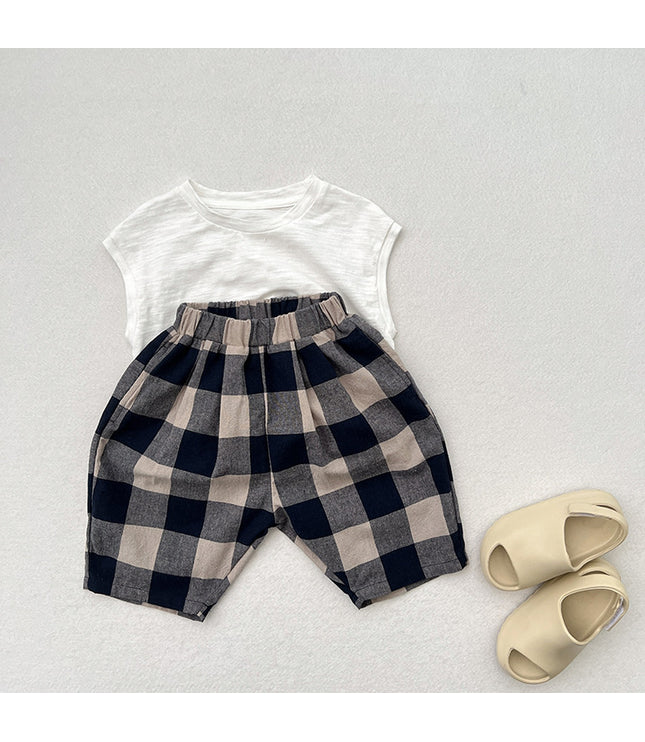 Retro Blue Plaid Casual Capri Pants Children's Middle Pants