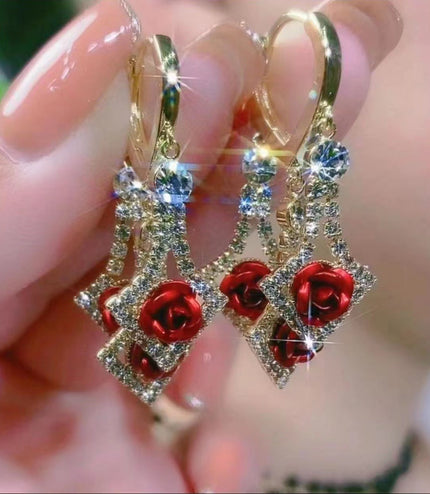 Elegant Diamond Rhinestone Lovely Rose Earrings