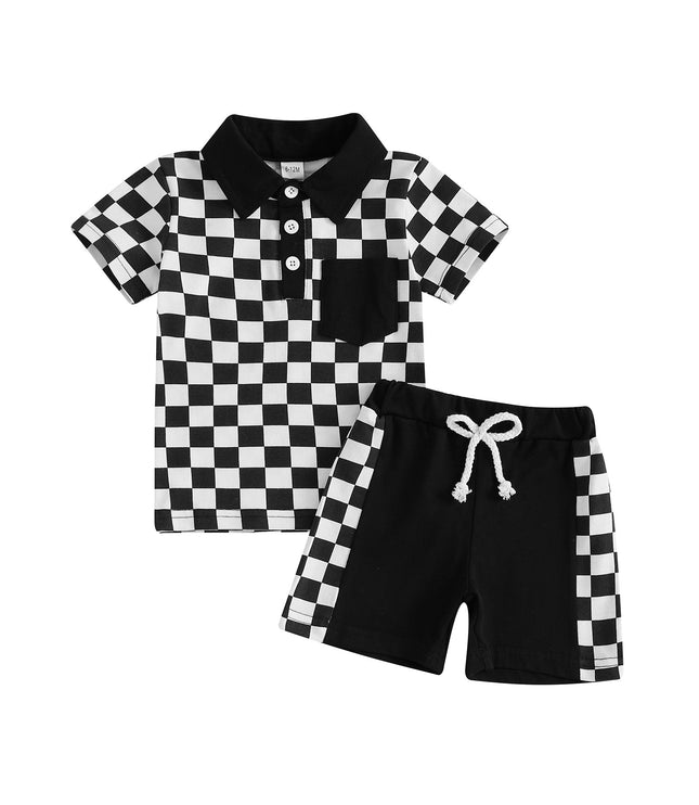 Boys' Lapel Plaid Short Sleeve T-shirt Shorts Set